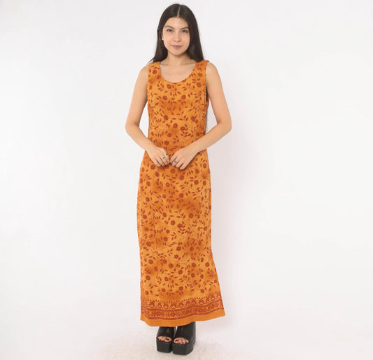 90s Studio I Floral Maxi Dress Mustard Botanical Print Sleeveless Medium