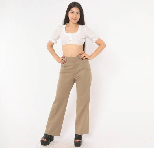 70s Haggar Flare Trousers Tan High-Waisted Boot Cut Slacks Large 34x30
