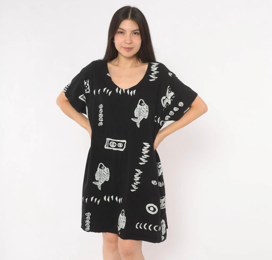 Y2K Fish Print Shift Dress Black White Cotton Marine Graphic Medium Large