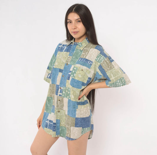 90s Marc Daniels Patchwork Print Button Shirt Cotton Geometric Blue Sage Medium