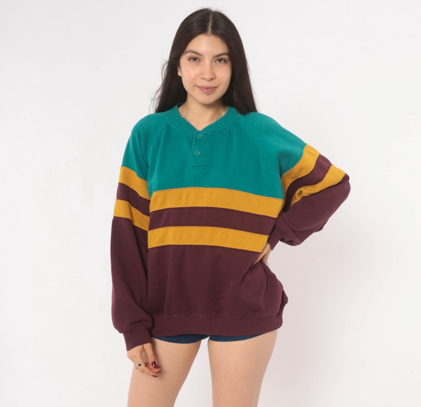 90s Prides Landing Color Block Henley Sweatshirt Teal Burgundy Mustard Large L