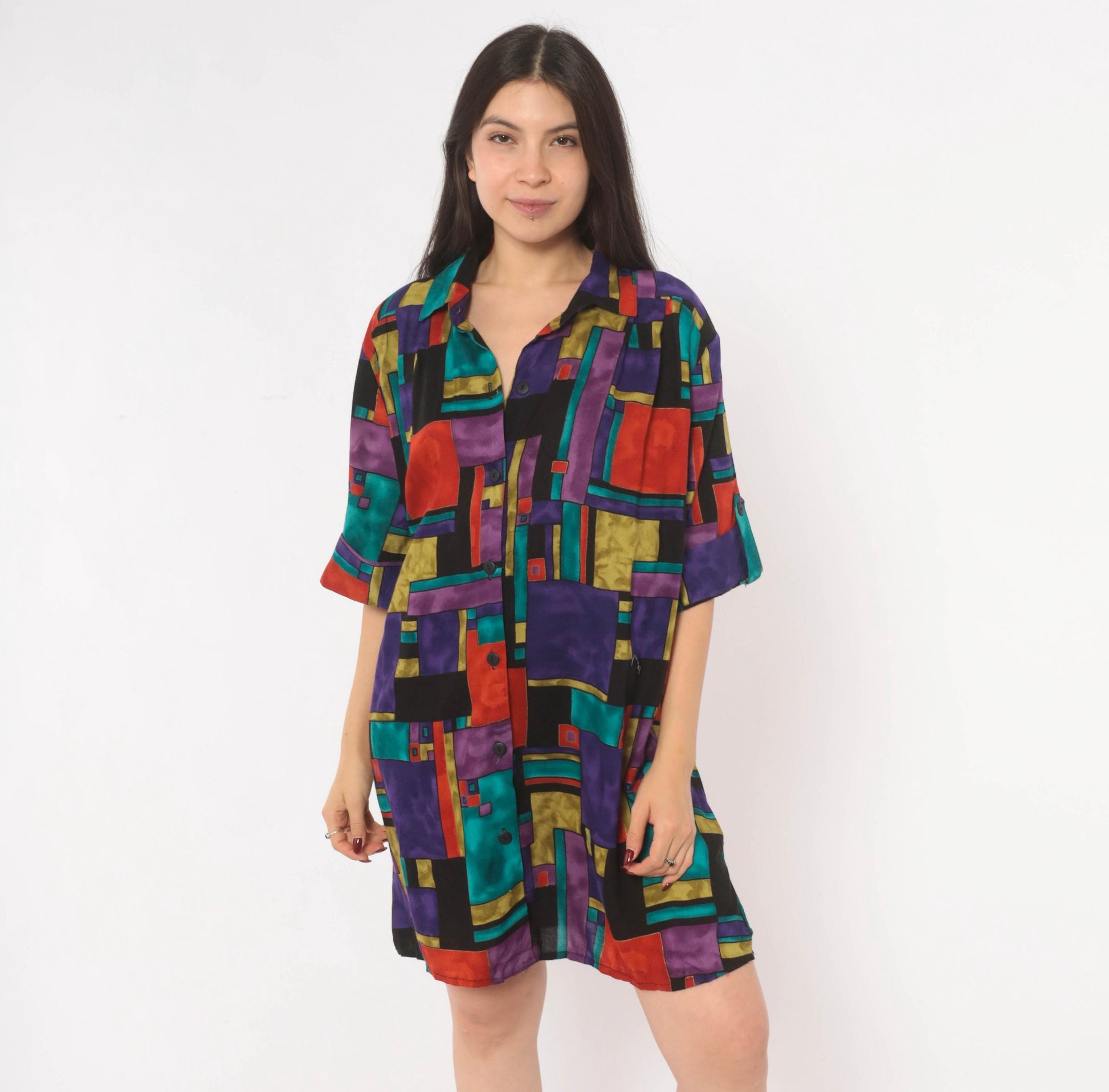 90s A Personal Touch Color Block Abstract Shirt Purple Teal Red Gold Extra Large XL