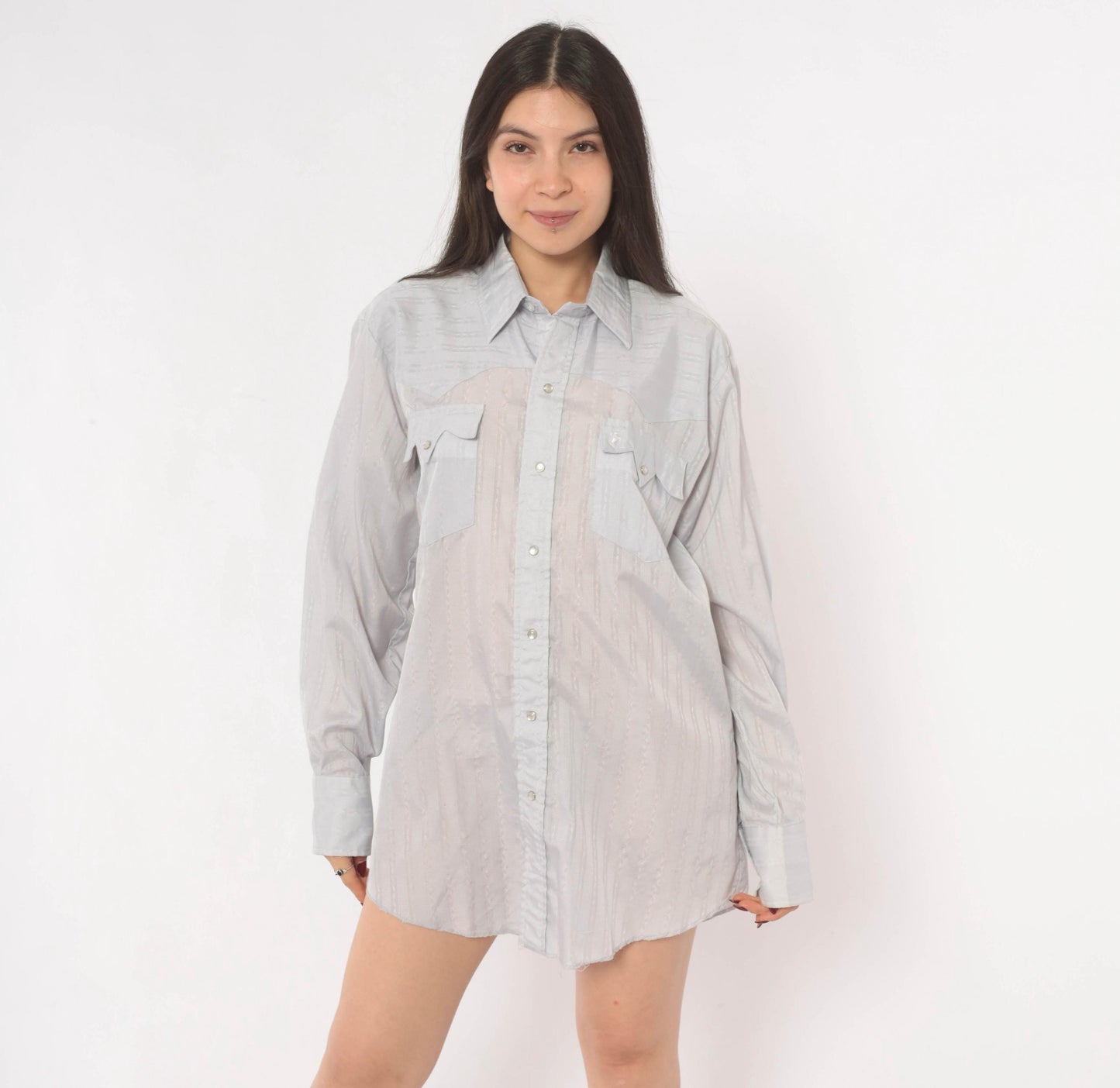 70s Prior Western Shirt Pearl Snap Pointed Collar Jacquard Stripe Blue Large L
