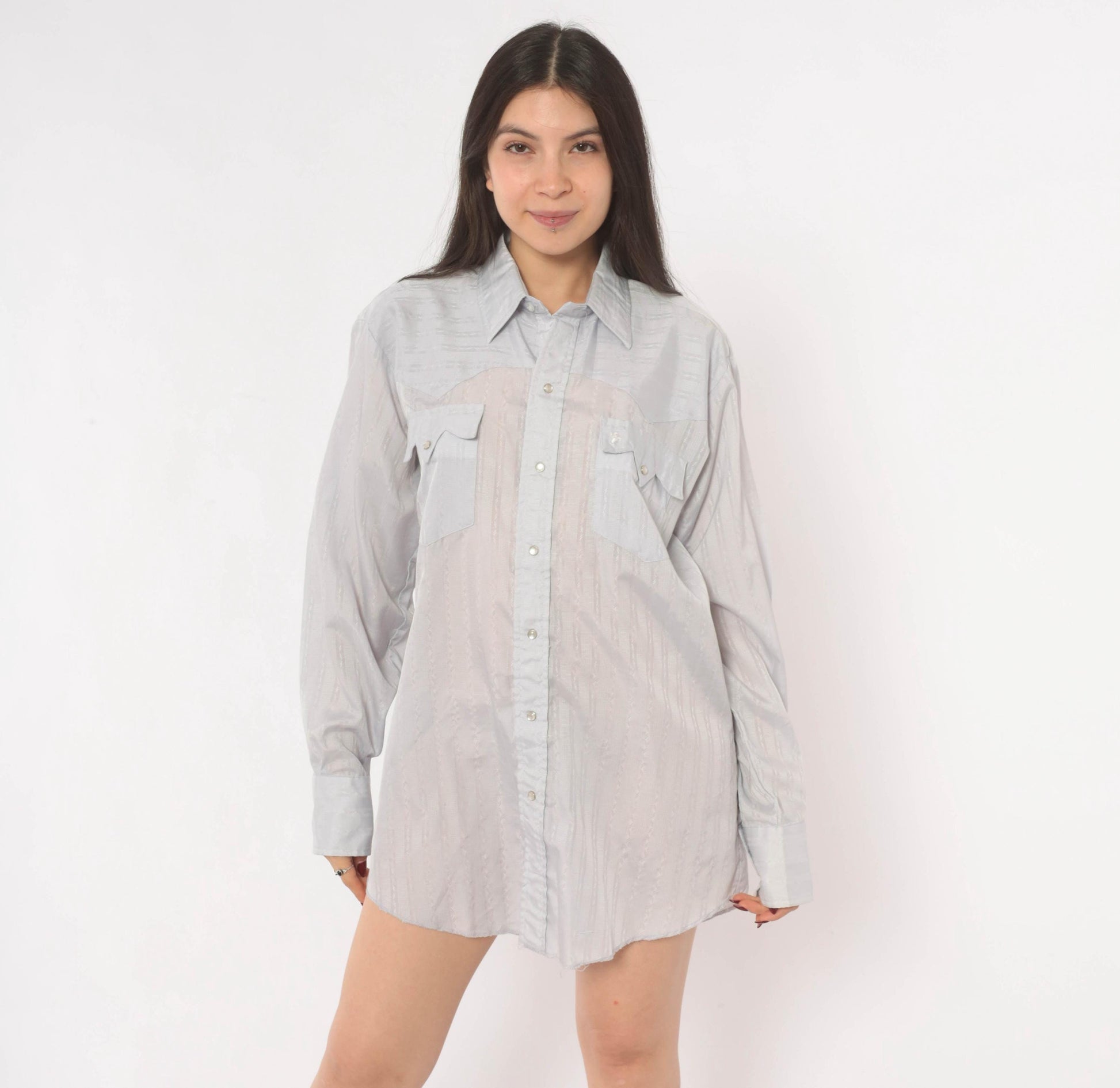 70s Prior Western Shirt Pearl Snap Pointed Collar Jacquard Stripe Blue Large L