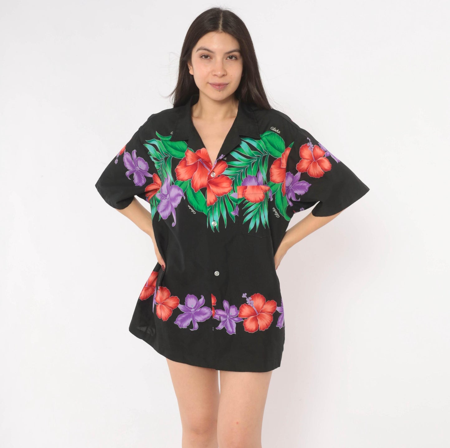 80s Made In Hawaii Hawaiian Shirt Black Hibiscus Floral Camp Collar Large