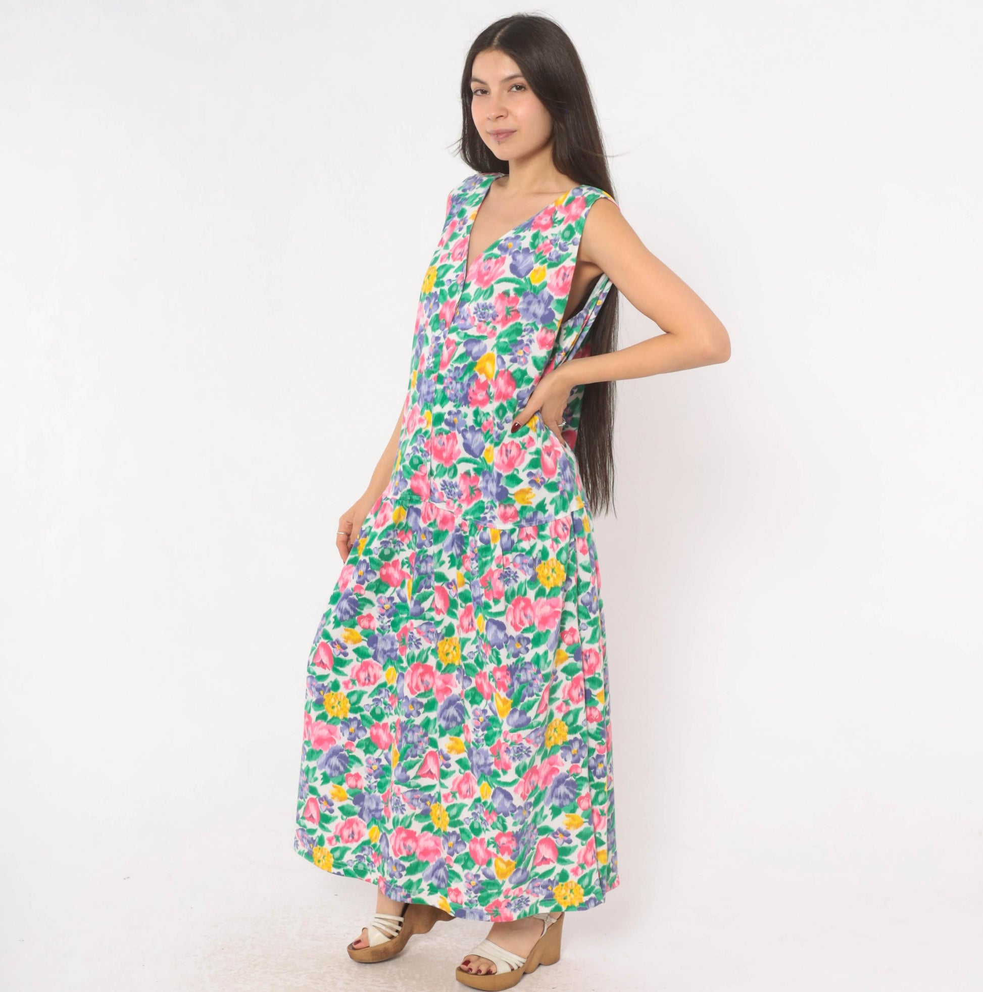90s Fads Floral Maxi Dress Button Front V-Neck Sleeveless Pink Purple Extra Large XL