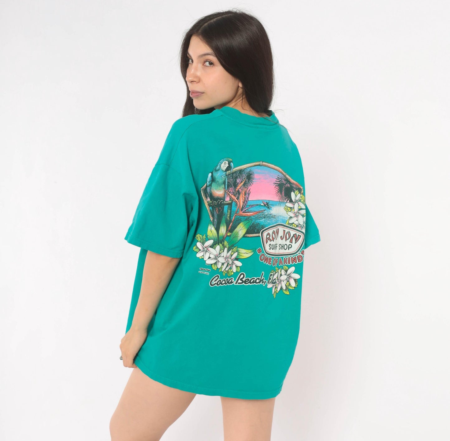 Ron Jon Surf Shop Teal Parrot Graphic Tee Cocoa Beach Florida 00s Medium