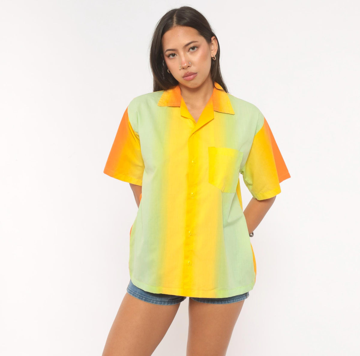 70s Gradient Camp Collar Shirt Orange Yellow Green Colorblock Medium