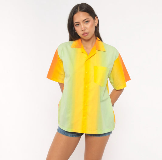 70s Gradient Camp Collar Shirt Orange Yellow Green Colorblock Medium
