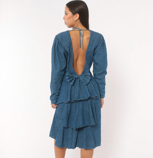90s Coloursport Denim Dress Open Back Bow Tiered Ruffle Puff Sleeve Large L