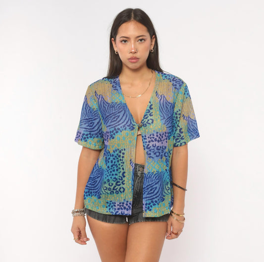 90s Miss Dorby Sheer Mesh Cardigan Tropical Leaf Leopard Print Teal Medium Large