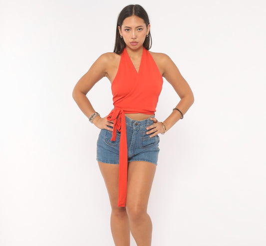 70s Crazy Horse Red Wrap Halter Crop Top Backless Surplice V-Neck Small
