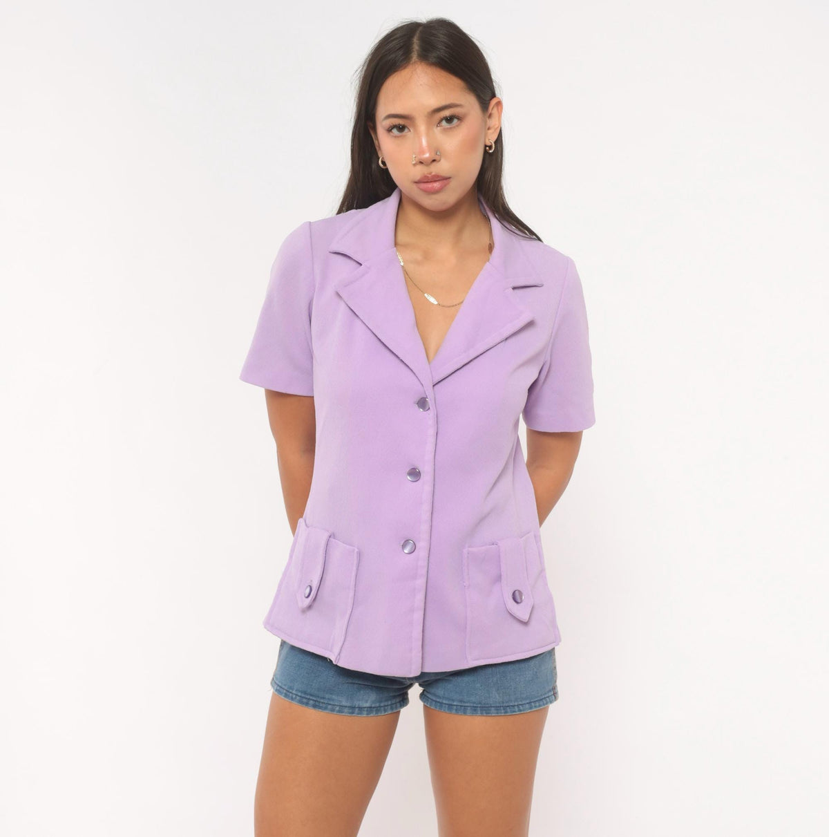 70s Lilac Button Front Blazer Short Sleeve Notched Lapel Fitted Waist Medium