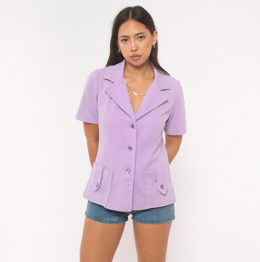 70s Lilac Button Front Blazer Short Sleeve Notched Lapel Fitted Waist Medium