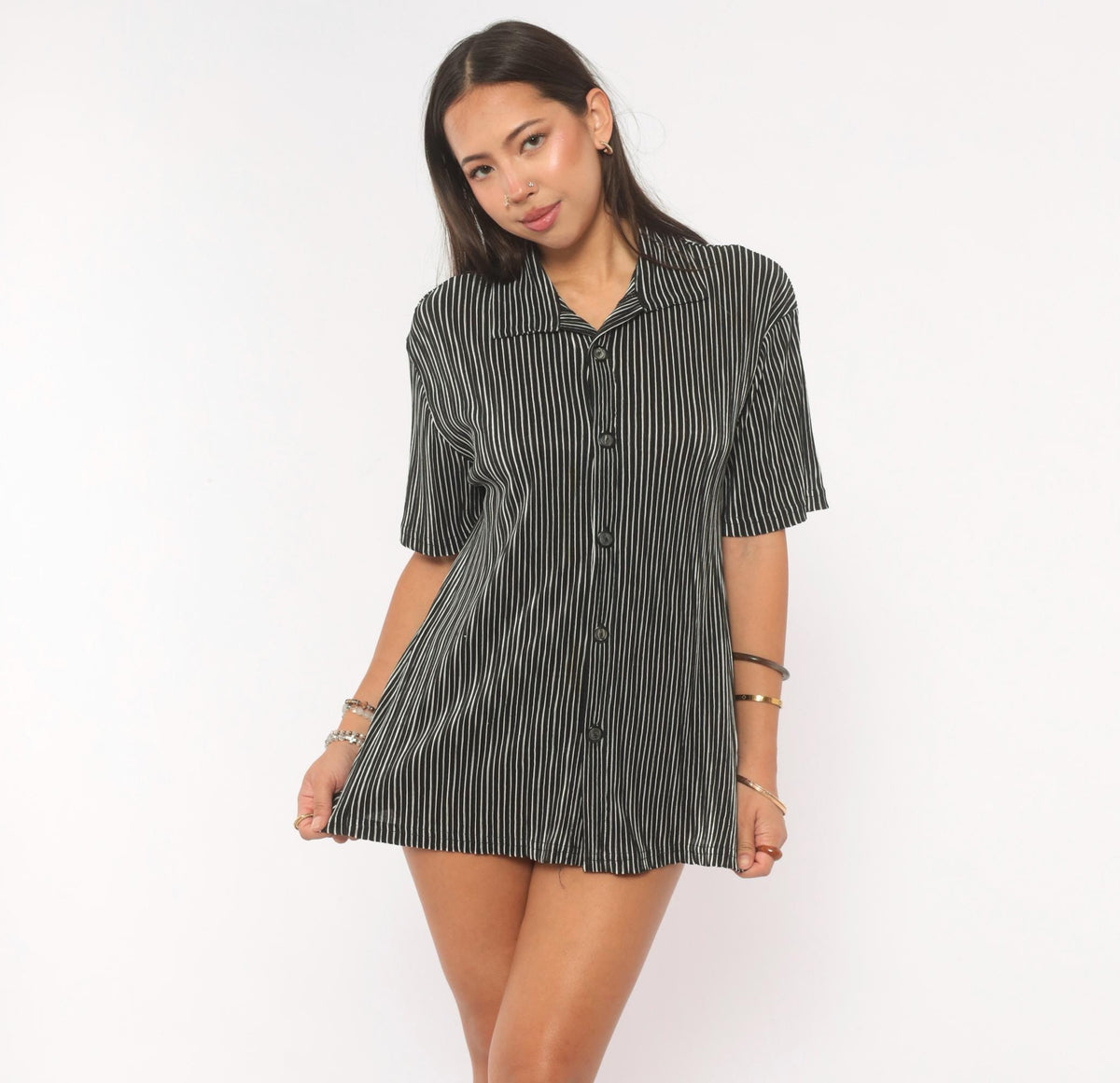 Y2K Black Pinstripe Button Up Camp Collar Shirt White Stripe Short Sleeve Small