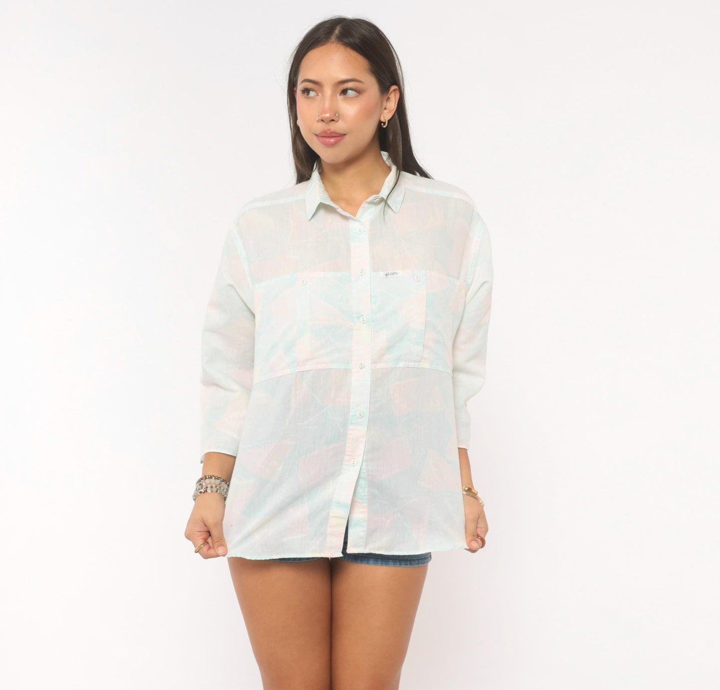 90s Alais Pastel Watercolor Button-Up Blouse Pink Blue Cotton Medium M