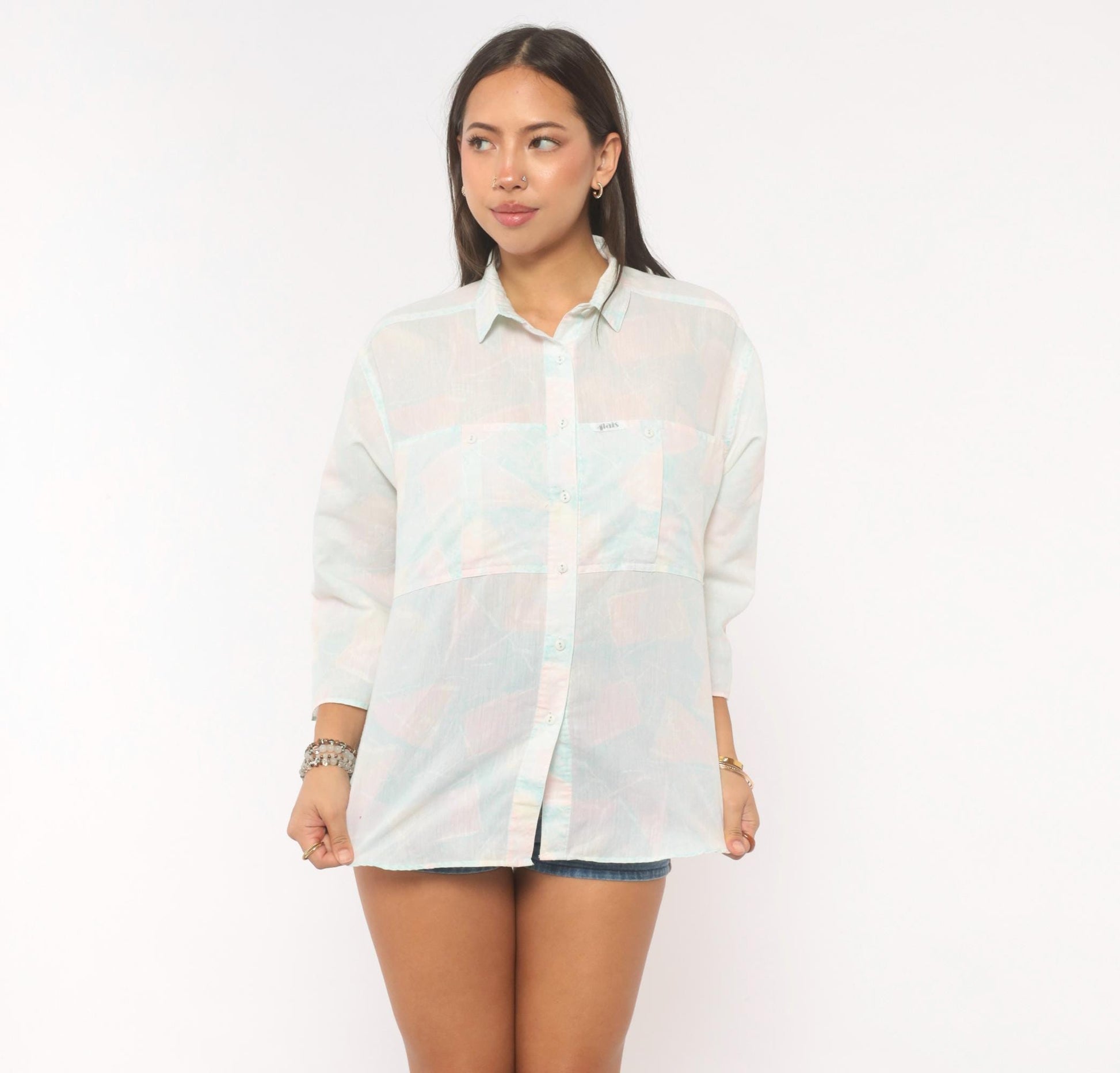 90s Alais Pastel Watercolor Button-Up Blouse Pink Blue Cotton Medium M