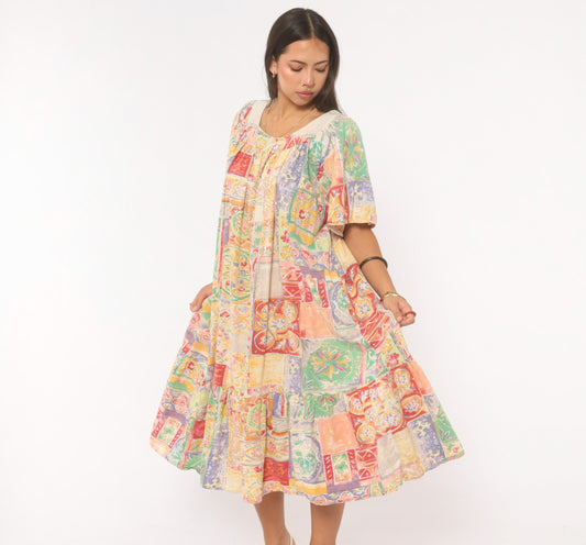 90s Carriage Court Patchwork Tile Print Cotton Midi Dress Multicolor Flutter Sleeve Medium M