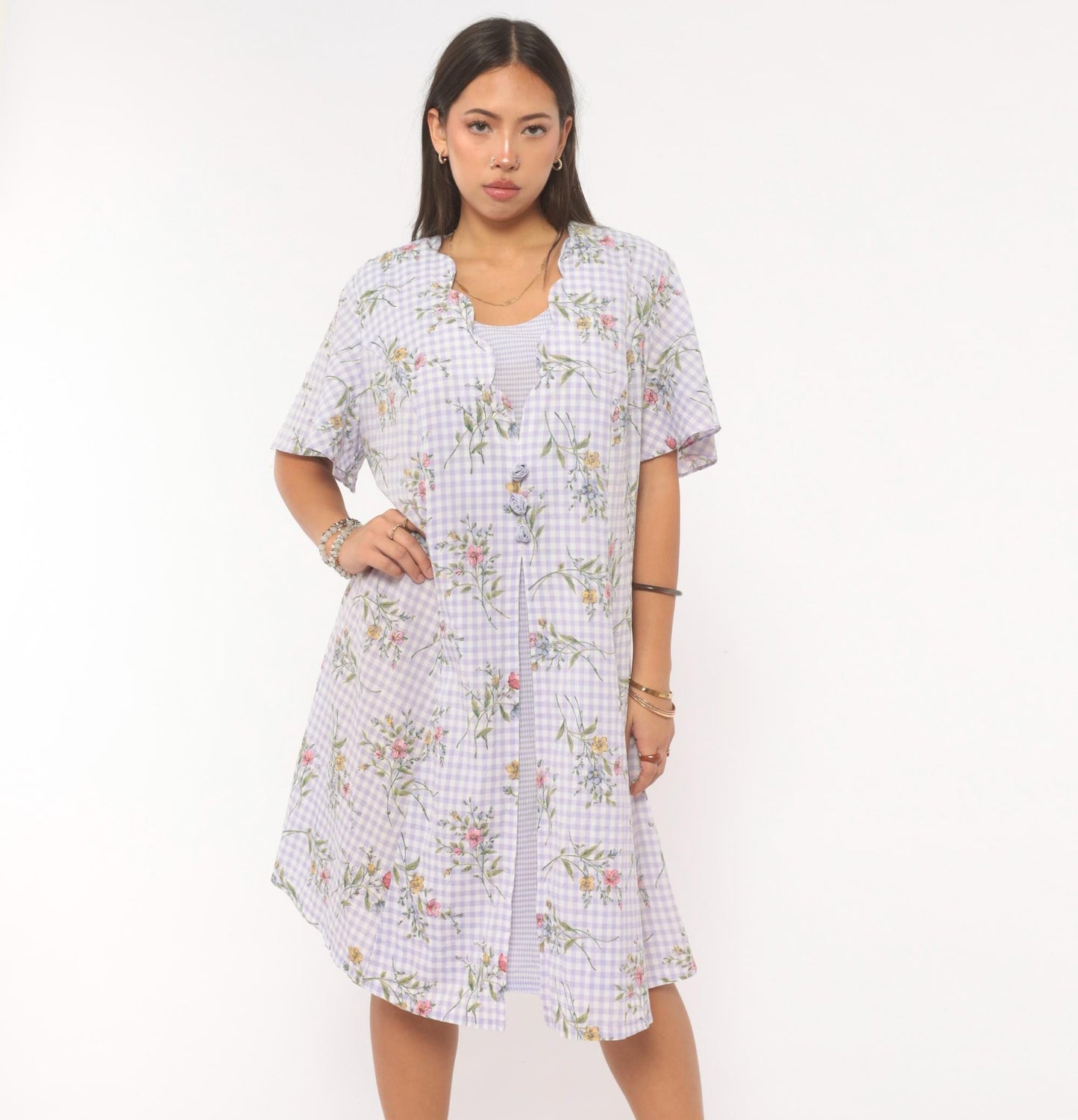 90s Sarah Richards Plus Lavender Gingham Floral Dress Flutter Sleeve A-Line Extra Large XXL