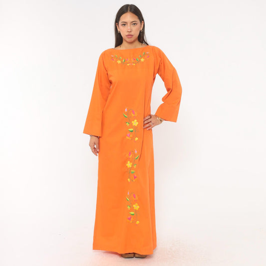 70s Orange Embroidered Maxi Dress Cotton Floral Bell Sleeve Boat Neck Medium M