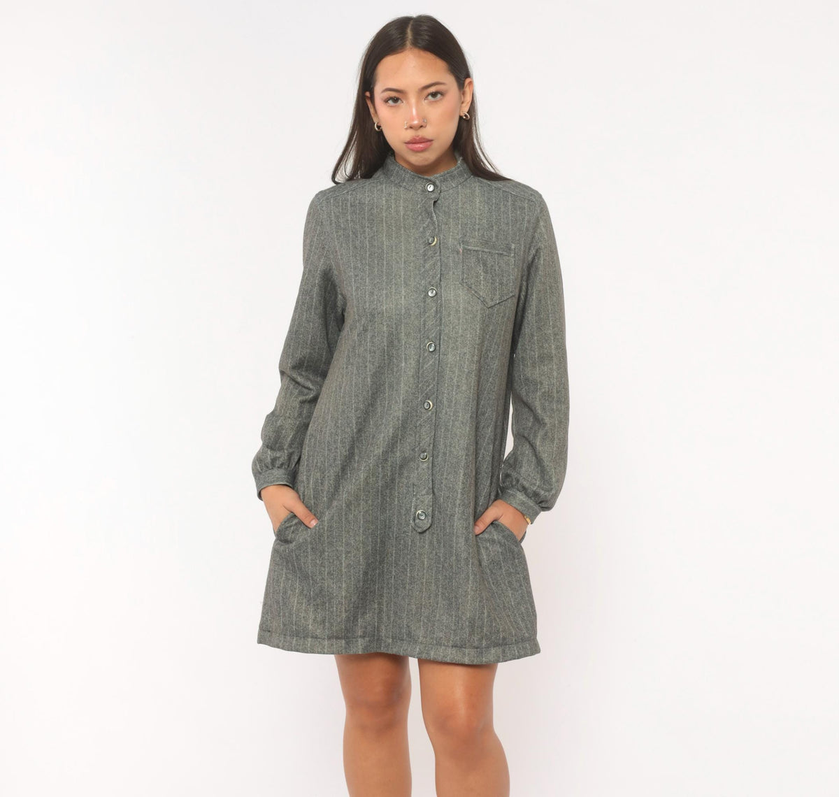 60s Tina's Pinstripe Shirt Dress Grey Mandarin Collar Medium M