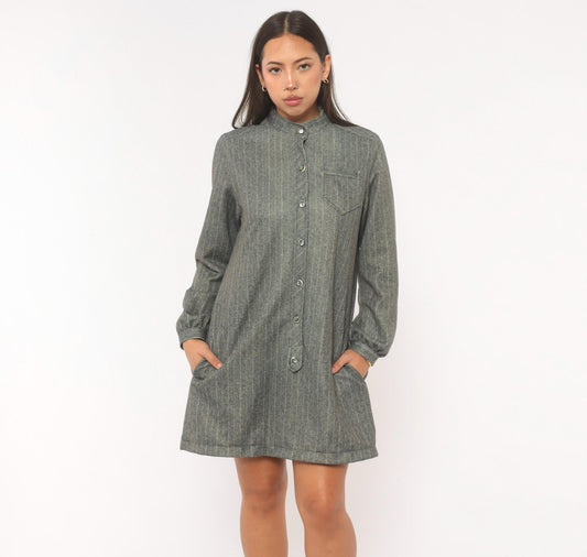 60s Tina's Pinstripe Shirt Dress Grey Mandarin Collar Medium M