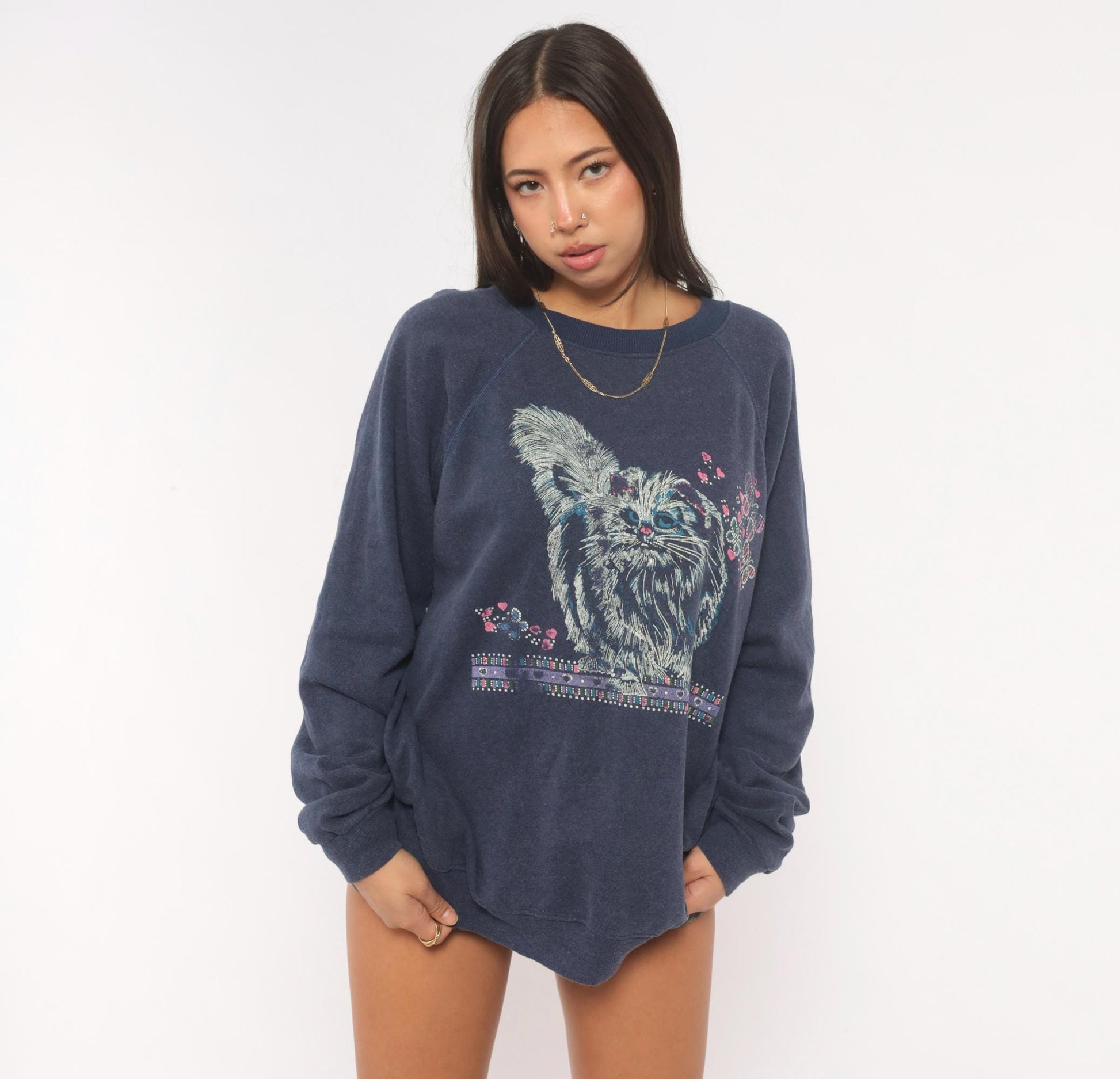 90s Hanes Cat Butterfly Sweatshirt Navy Blue Graphic Crewneck Raglan Large L