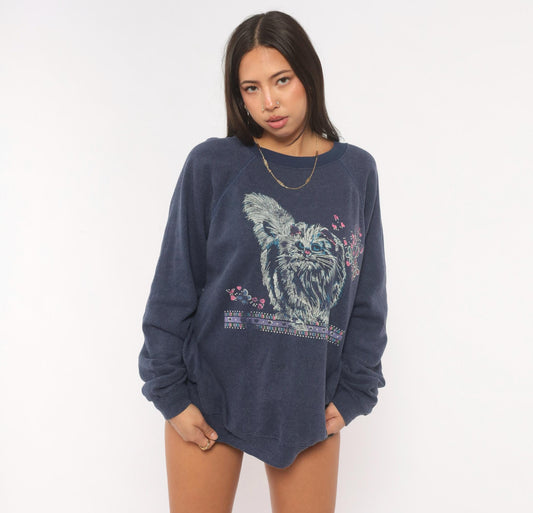 90s Hanes Cat Butterfly Sweatshirt Navy Blue Graphic Crewneck Raglan Large L
