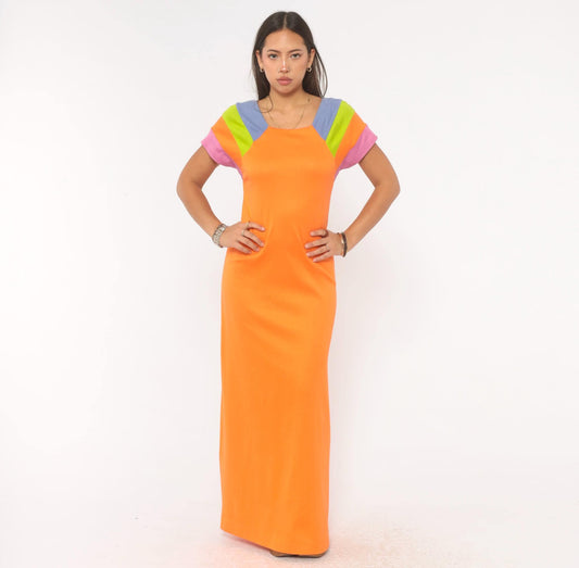 80s Baba Kea Orange Maxi Dress Color Block Raglan Cap Sleeve Cotton Small