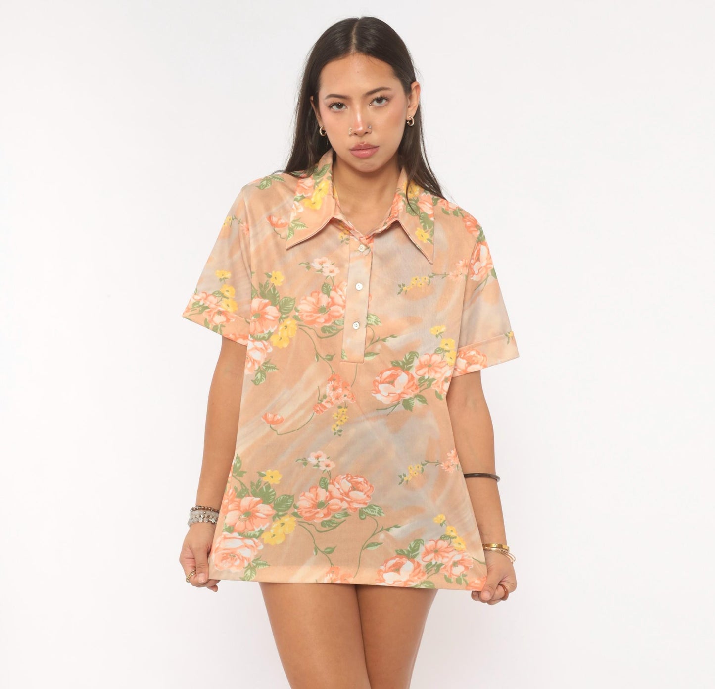 70s Floral Polo Shirt Peach Tan Rose Print Collared Pullover Large L