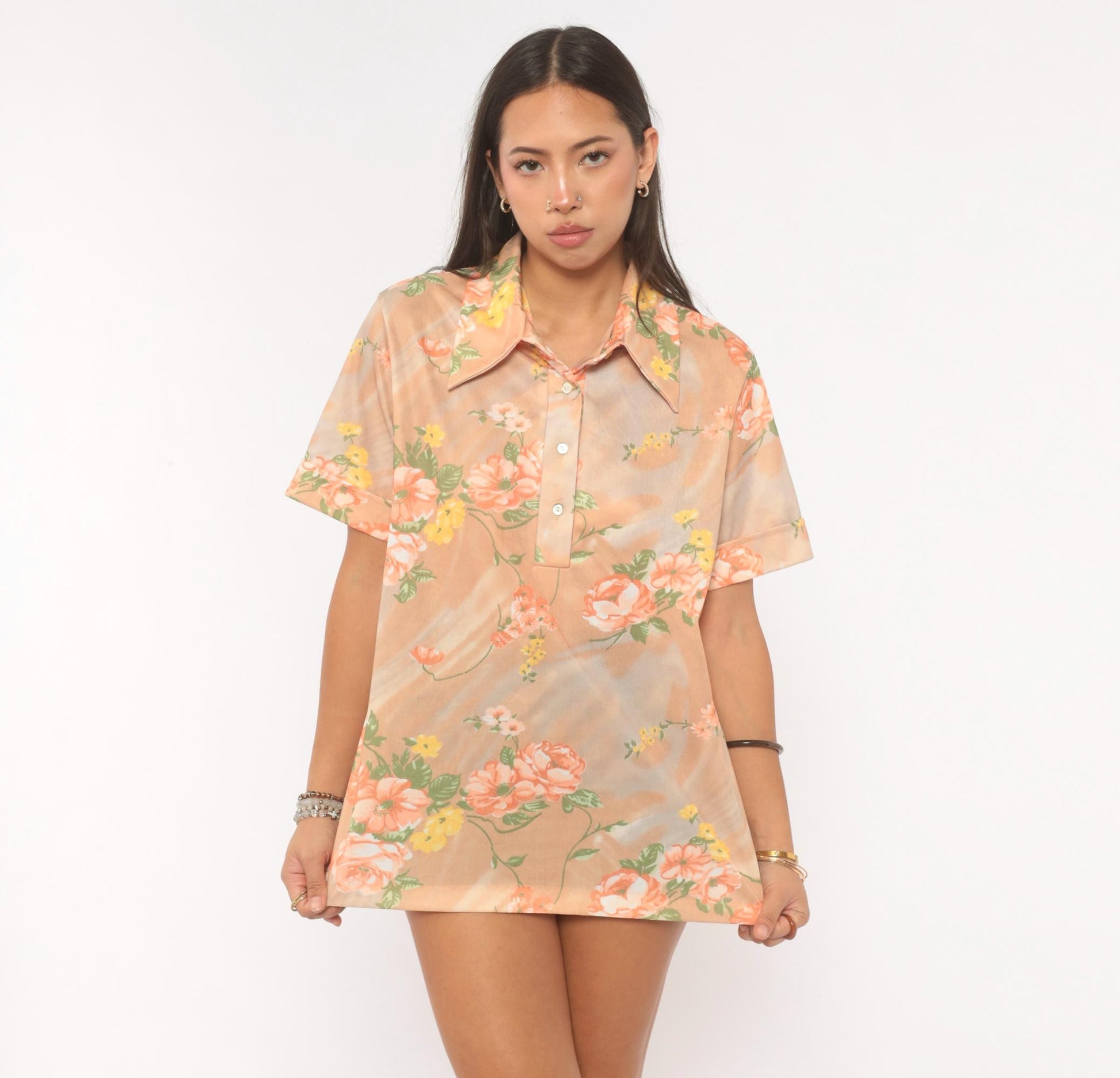 70s Floral Polo Shirt Peach Tan Rose Print Collared Pullover Large L
