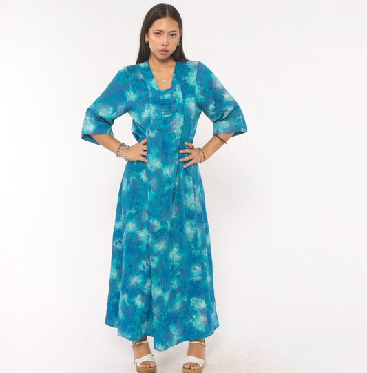 70s Psychedelic Floral Maxi Dress Blue Purple Teal Cotton Square Neck Medium
