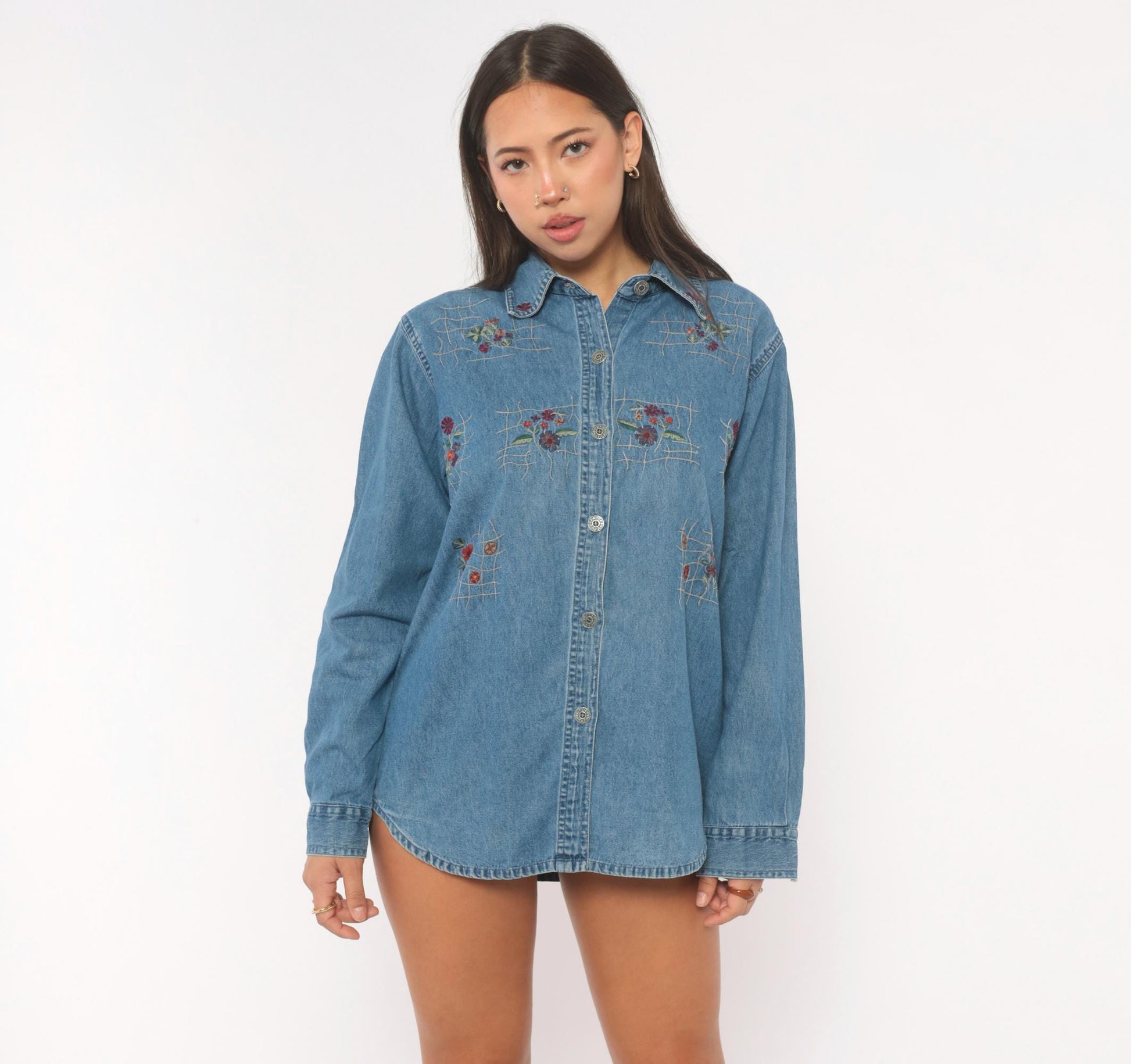 90s Floral Embroidered Denim Shirt Cotton Button-Up Lattice Trellis Large L