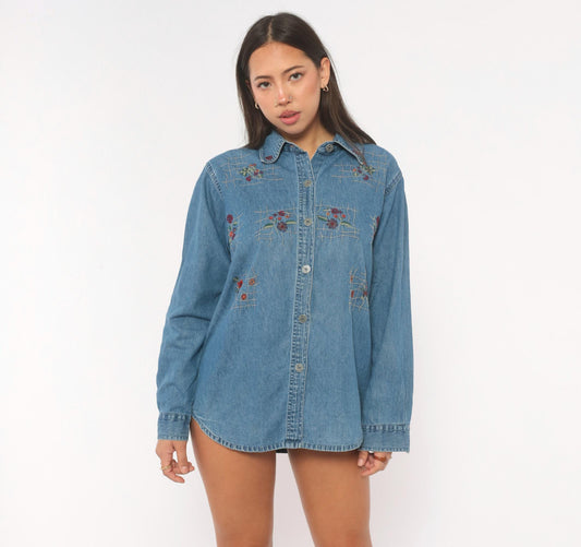 90s Floral Embroidered Denim Shirt Cotton Button-Up Lattice Trellis Large L