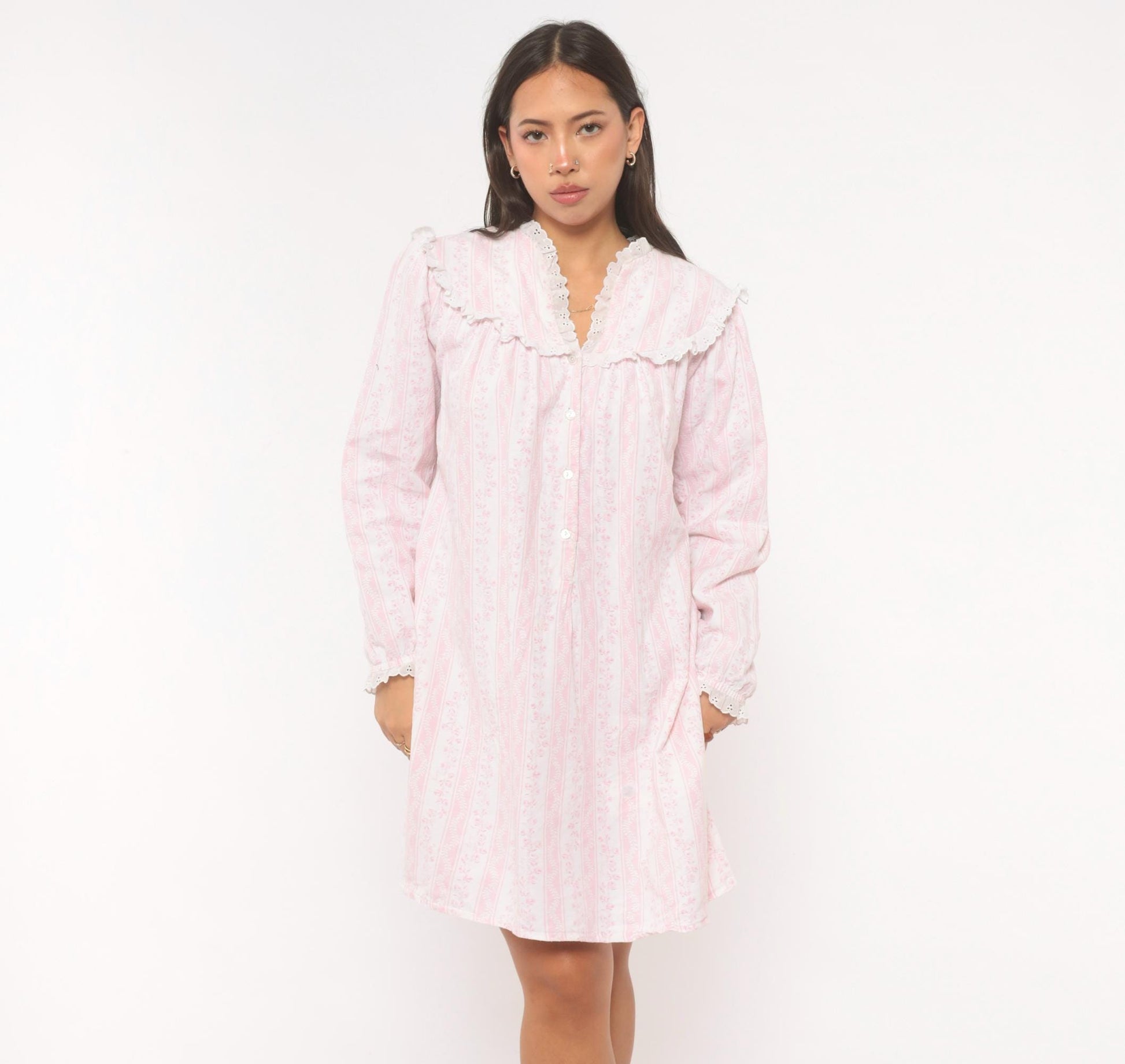 80s Larz of Salzbury Pink Floral Striped Cotton Nightgown Small