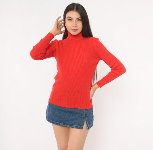 70s Red Ribbed Knit Turtleneck Sweater Fitted Pullover Back Zip Small Medium
