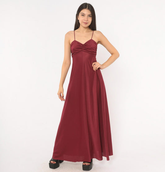 70s Burgundy Maxi Dress Sweetheart Neckline Empire Waist Spaghetti Strap Small