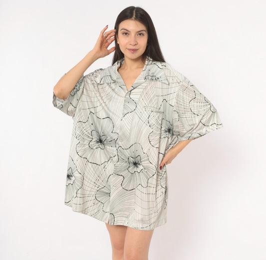 70s Kramers Honolulu Hawaiian Shirt Black Floral Line Art White Plus Size XXL
