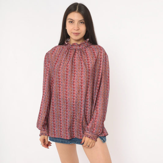 70s La Grande Petite Diamond Harlequin Blouse Ruffle Neck Puff Sleeve Dusty Rose Extra Large