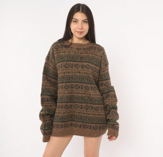 90s Eddie Bauer Fair Isle Wool Sweater Brown Olive Geometric Pullover Plus Size XXL