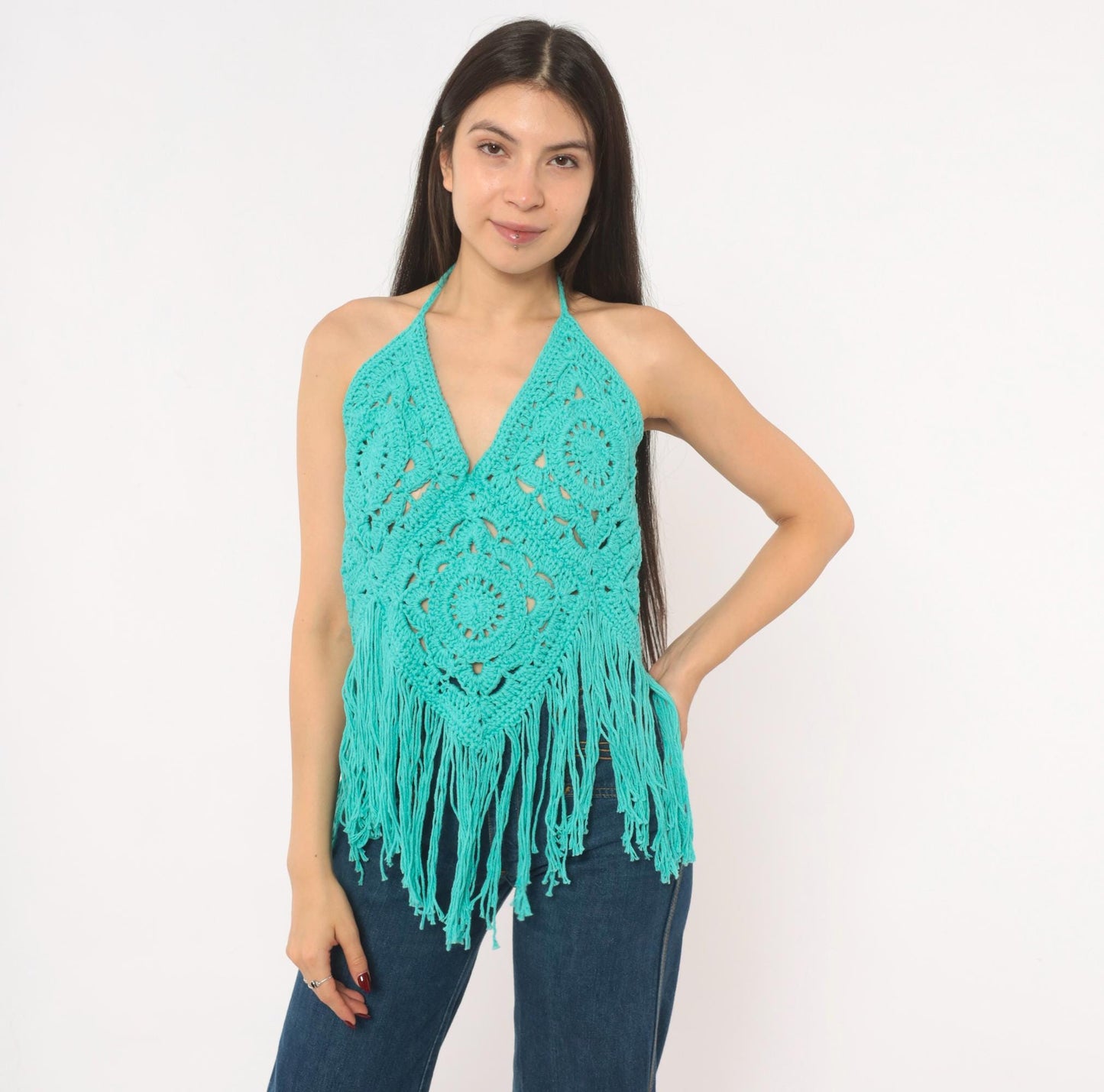Y2K Teal Crochet Halter Top Granny Square Fringe Cotton Turquoise Small–Large