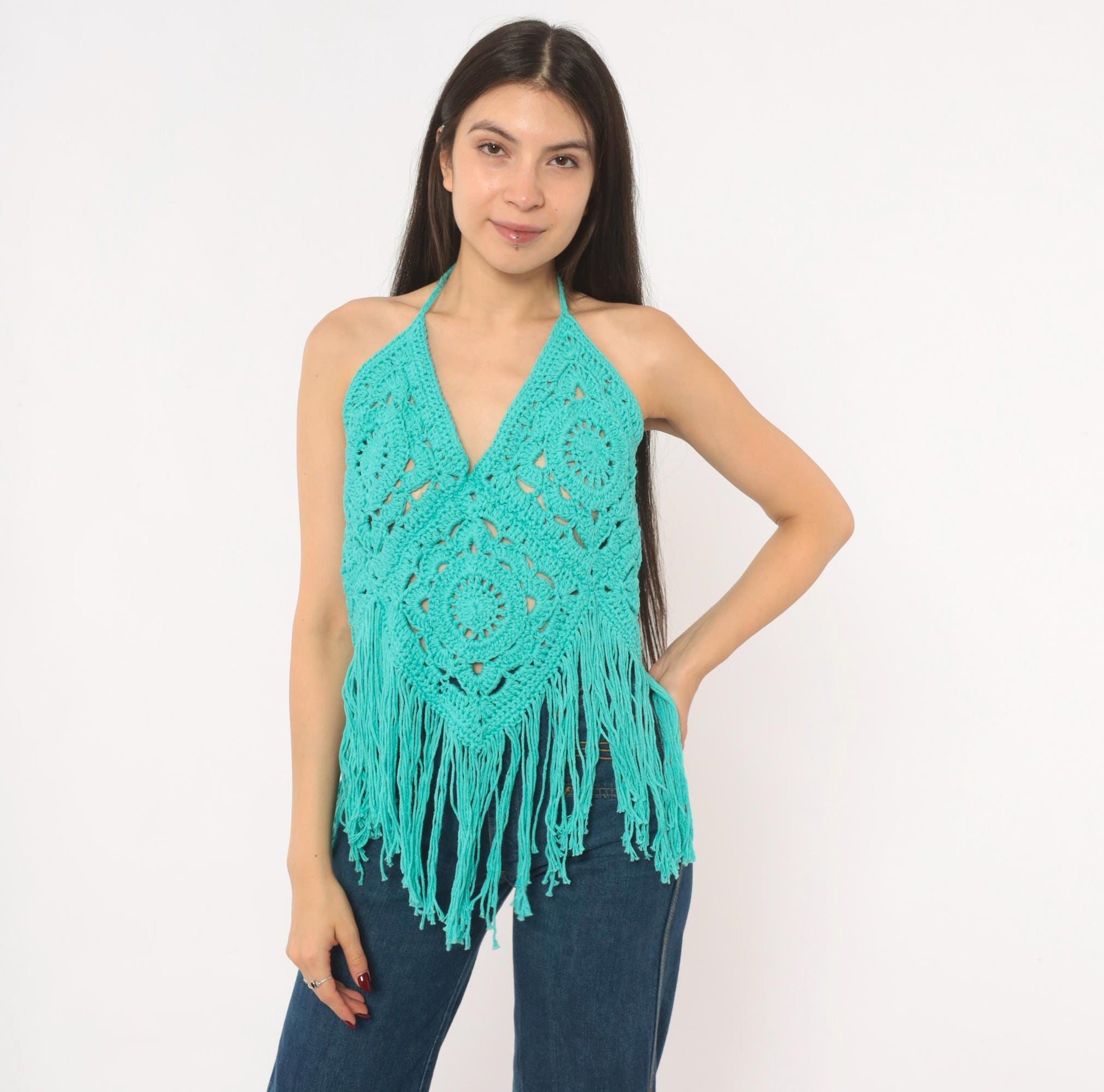 Y2K Teal Crochet Halter Top Granny Square Fringe Cotton Turquoise Small–Large