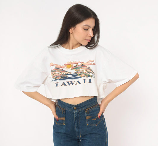90s Hawaii Dolphin Crop Top White Cotton Graphic Tee Medium