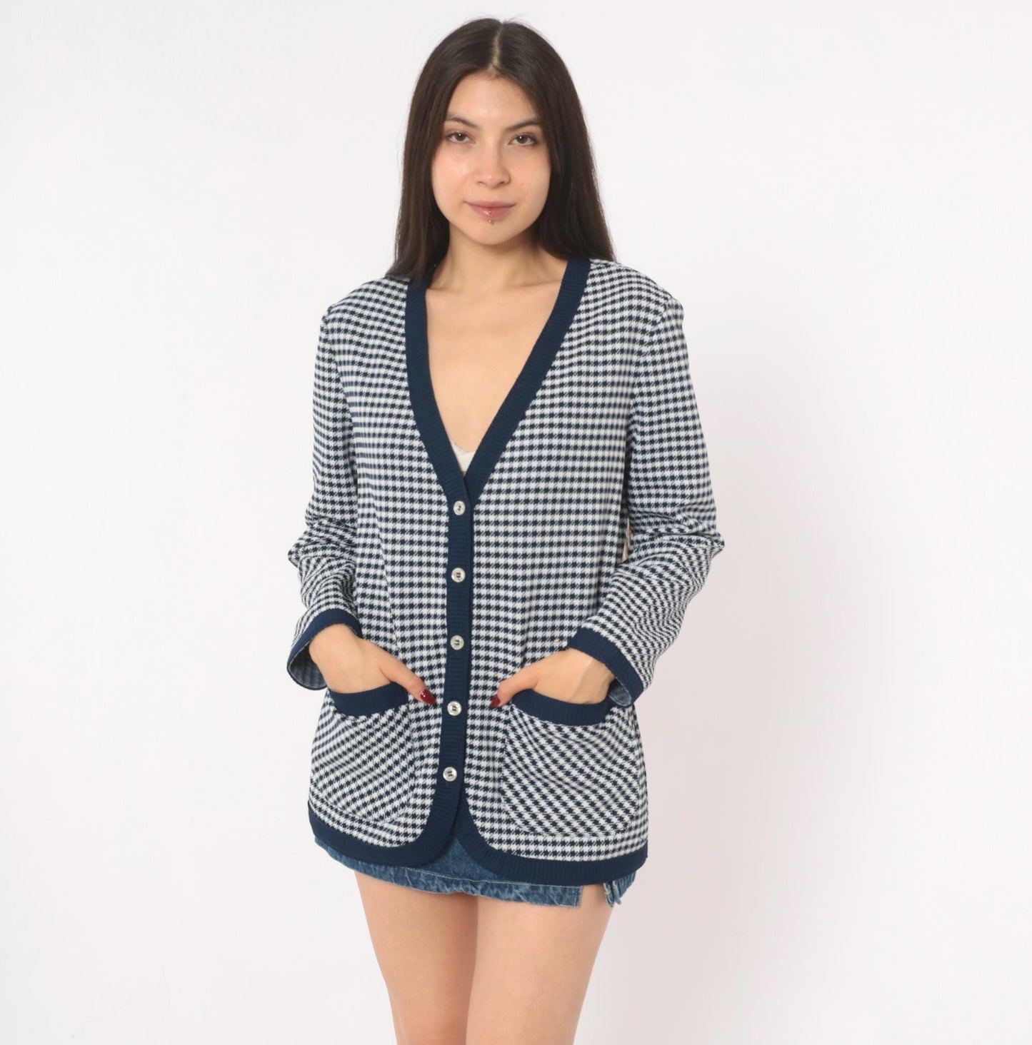 70s Jack Winter Houndstooth Cardigan Navy White Check Knit Medium M