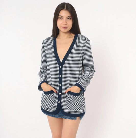 70s Jack Winter Houndstooth Cardigan Navy White Check Knit Medium M