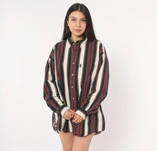 90s Izod Striped Button Down Shirt Navy Burgundy Green Gold Large L