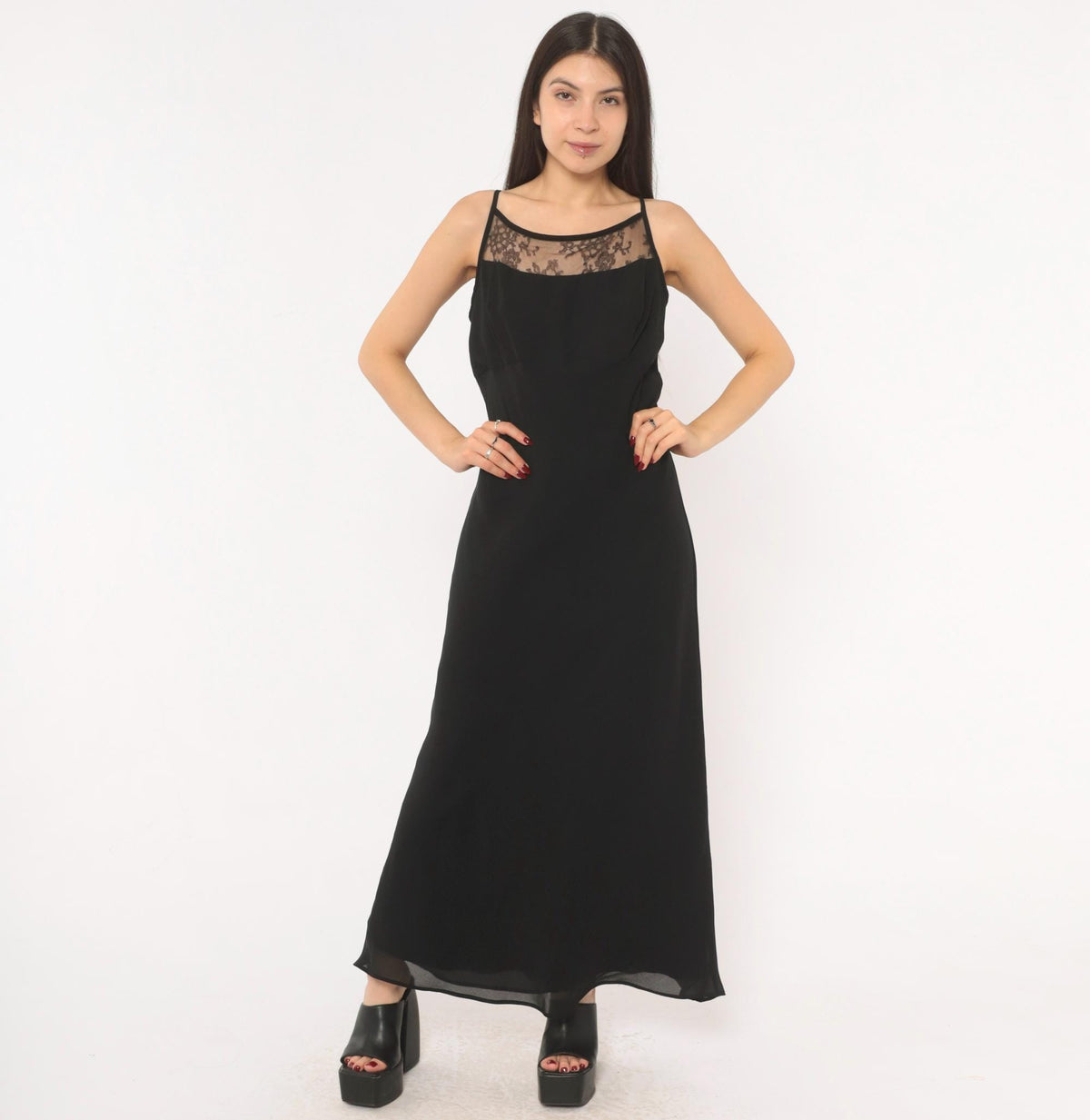 Gunne Sax Black Lace Maxi Slip Dress 90s Spaghetti Strap Low Back Large L