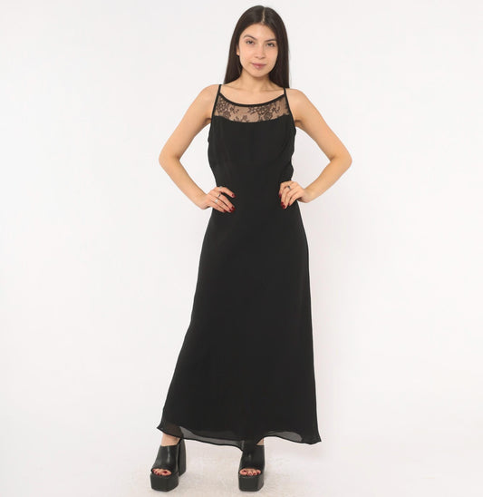 Gunne Sax Black Lace Maxi Slip Dress 90s Spaghetti Strap Low Back Large L
