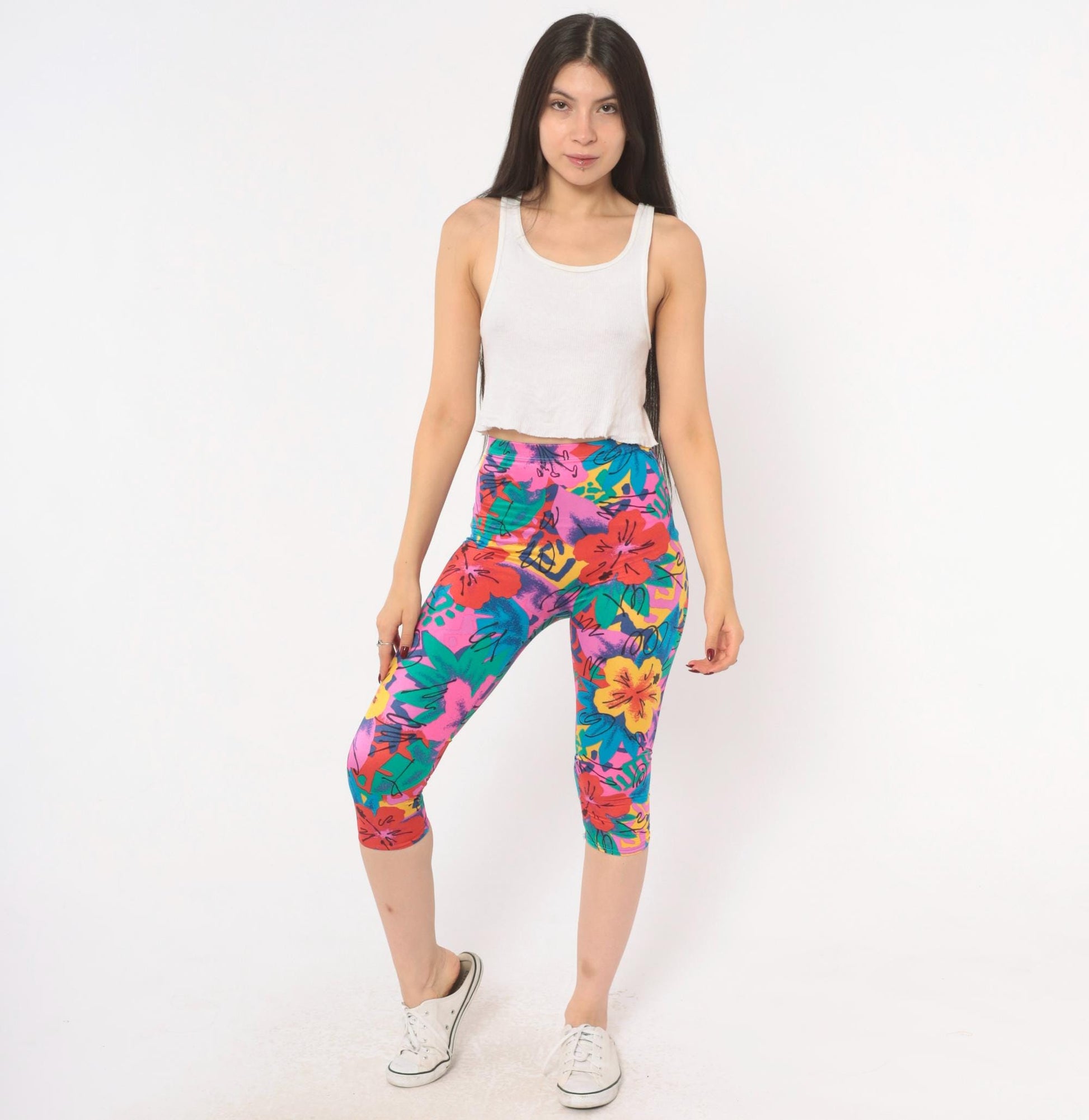 90s Stevi Tropical Floral Capri Leggings Pink Teal Hibiscus High Waist Extra Small XS