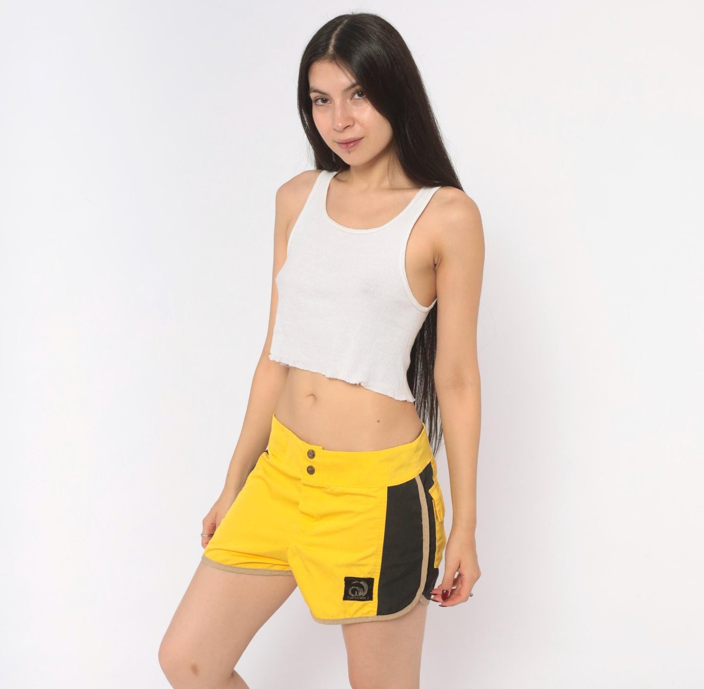 70s Golden Wave Board Shorts Yellow Black Colour Block Cotton Large L